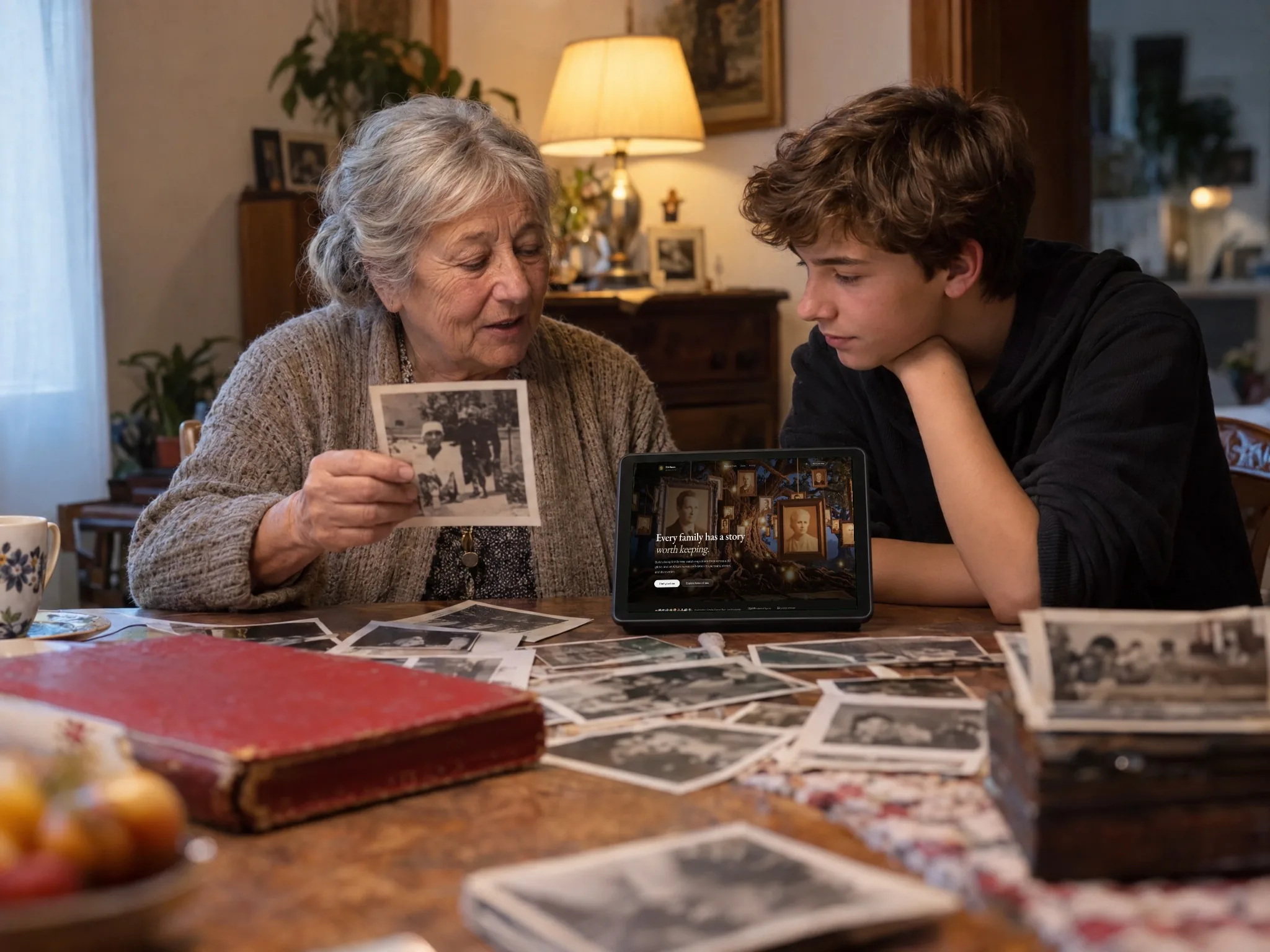 Genealogy home in use: the real product screen on the device in the photograph.