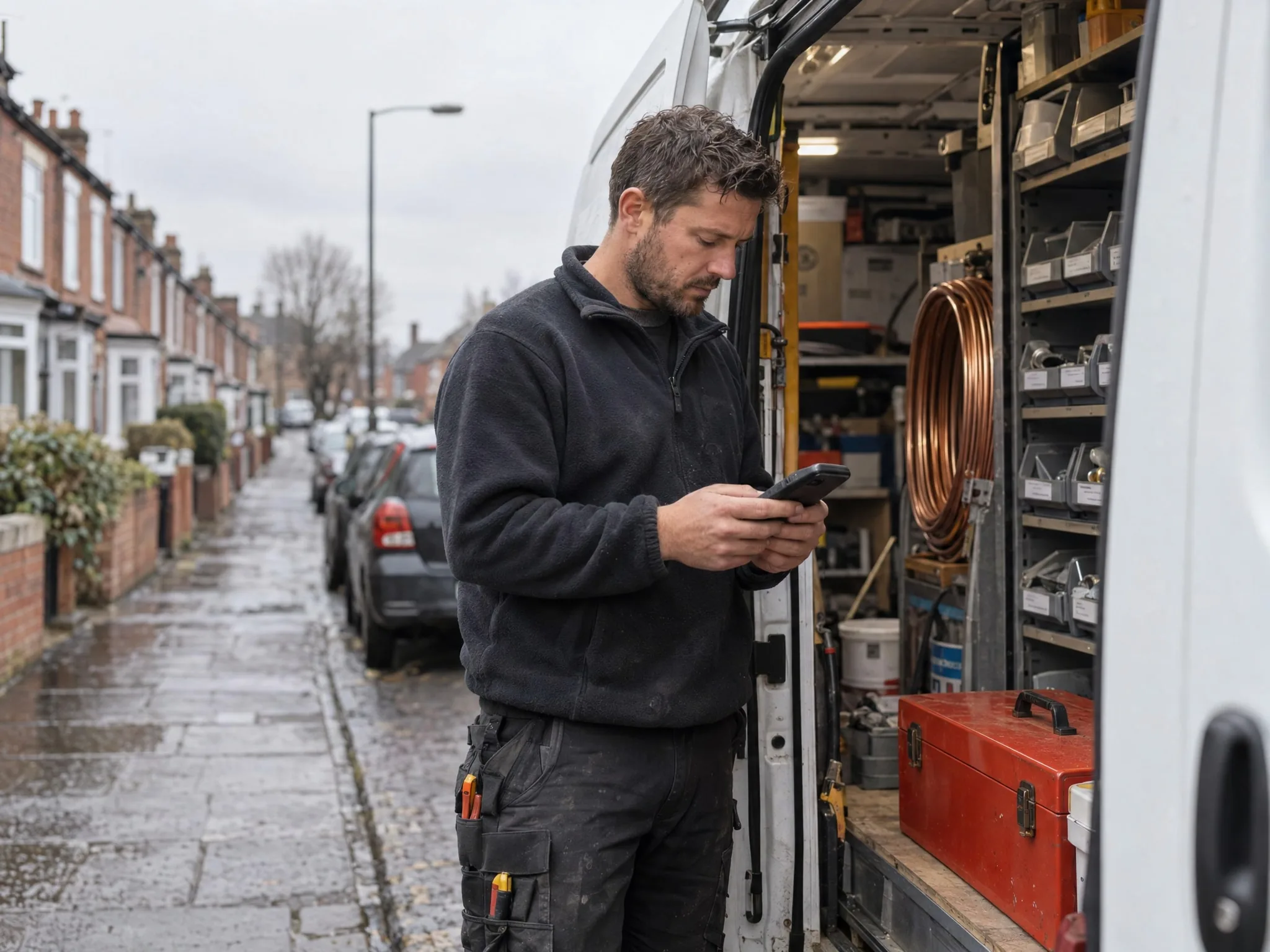 A heating engineer checks his next job on his phone at the open side door of his van on a terraced street.