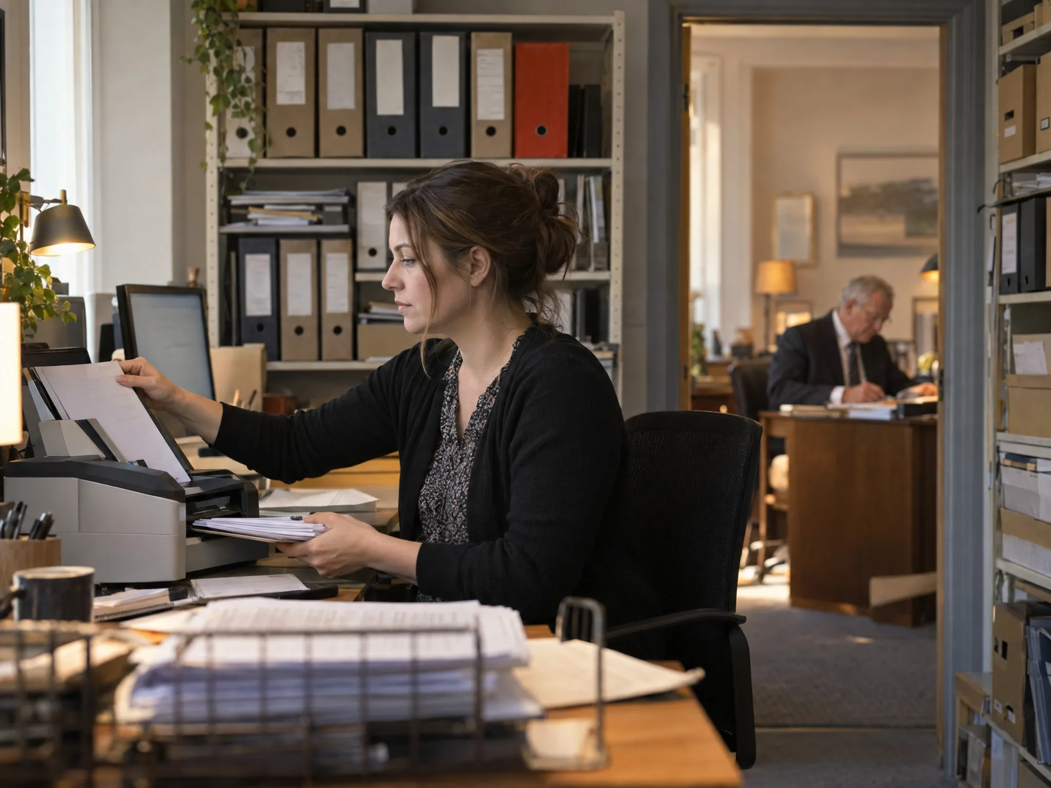 In an accountancy practice a clerk scans client documents while a partner signs papers in the office behind her.