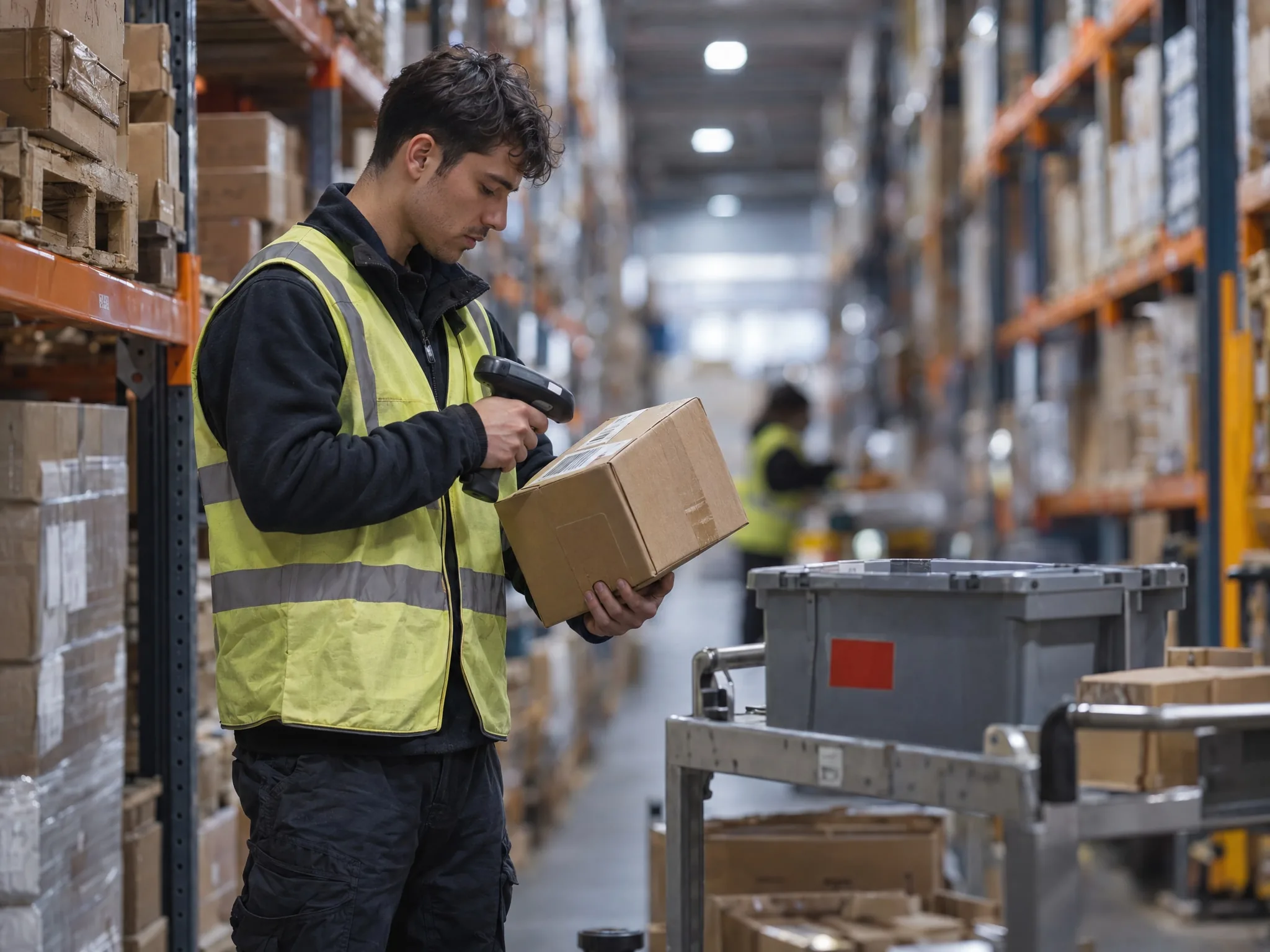 A warehouse picker in a hi-vis vest scans a carton in a tall racking aisle.