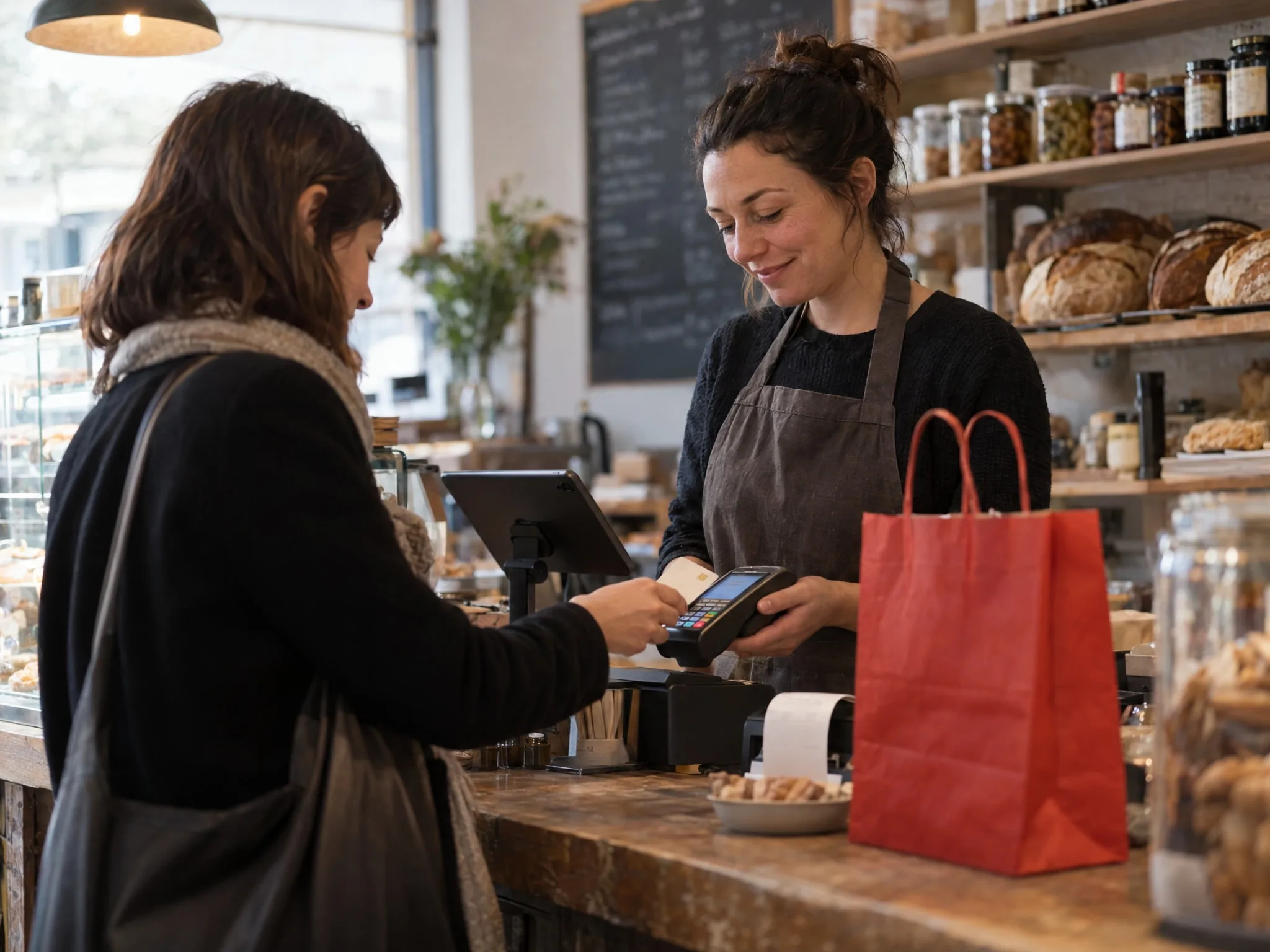 At a deli counter a customer taps a card on the terminal while the till tablet shows the order and a receipt prints.