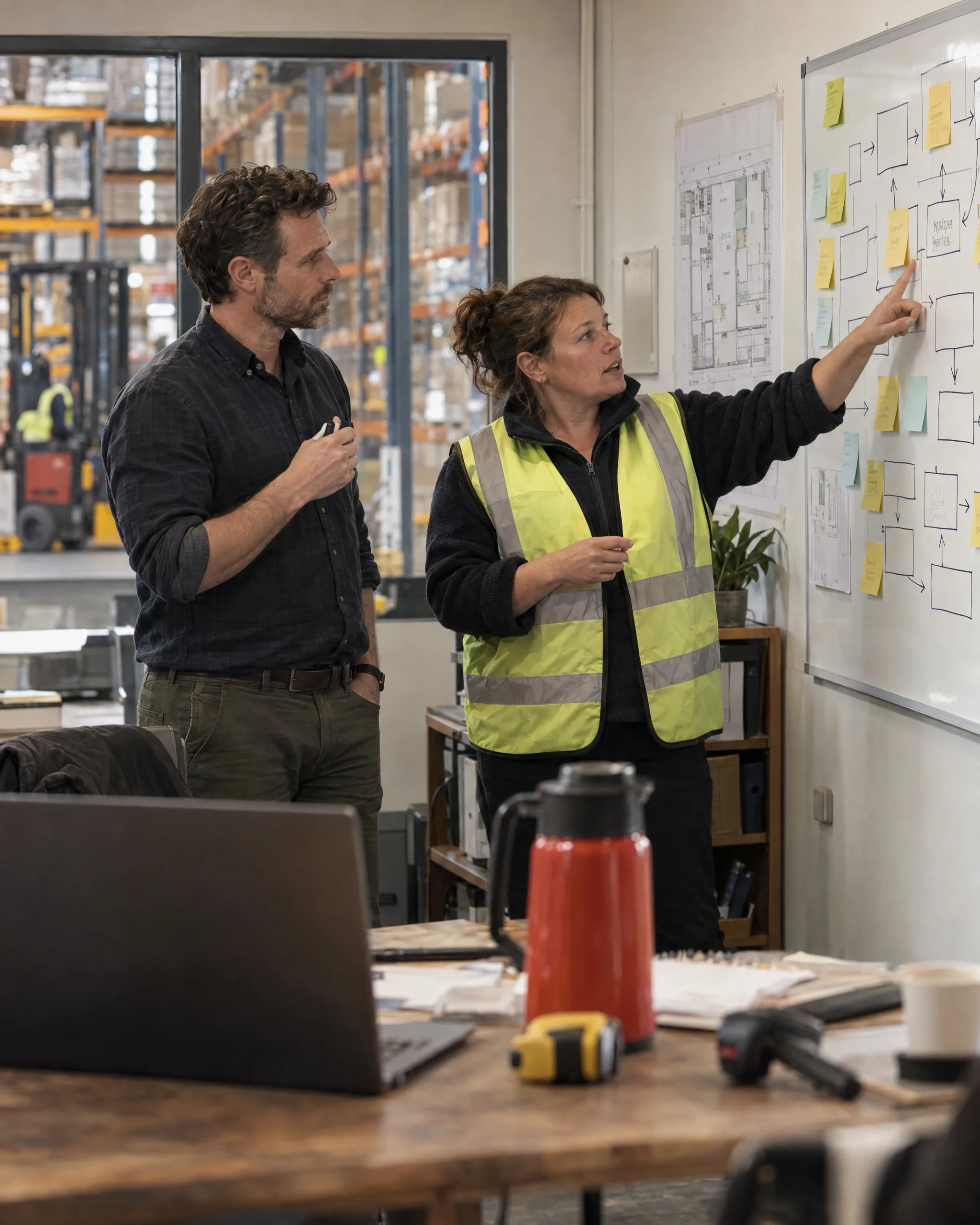 In a warehouse office a consultant listens while the warehouse supervisor, in a hi-vis vest, points to one step of a process mapped on a whiteboard wall with sticky notes.
