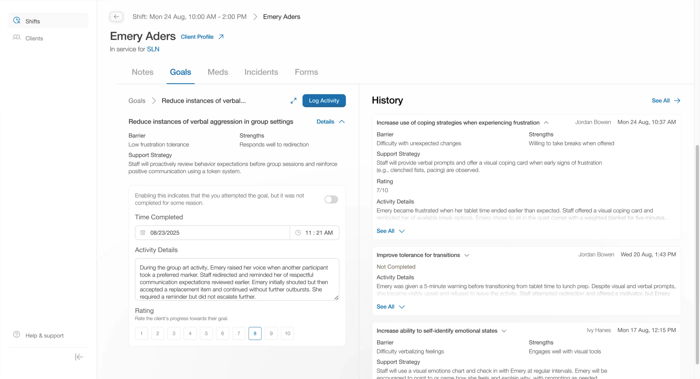 Client charting: goals, documentation and history for one individual