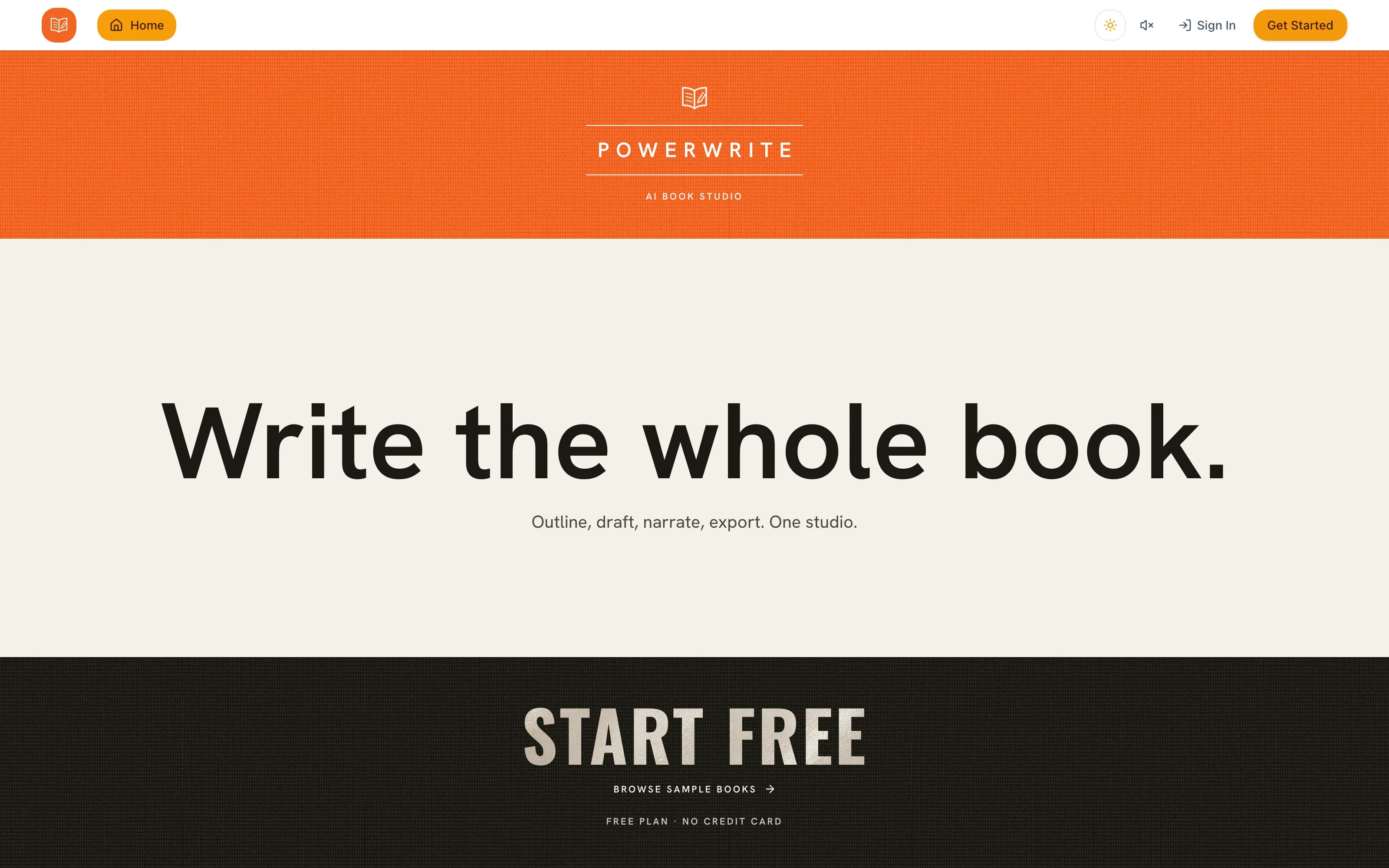 PowerWrite landing page with the headline Write the whole book