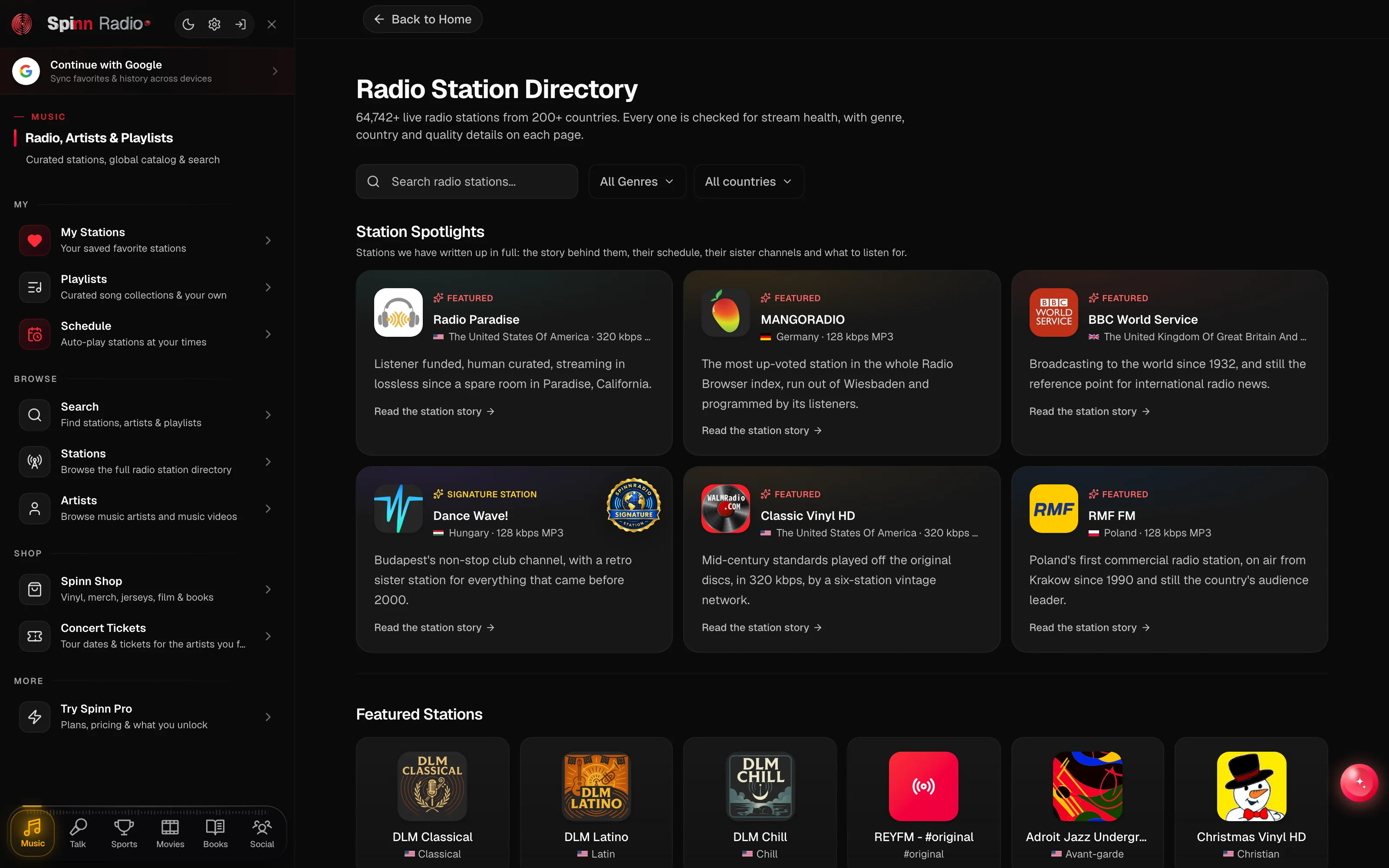Spinn Radio stations directory with station cards and filters