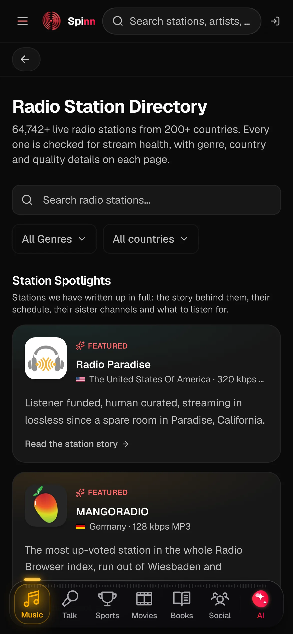 Spinn Radio stations list on a phone